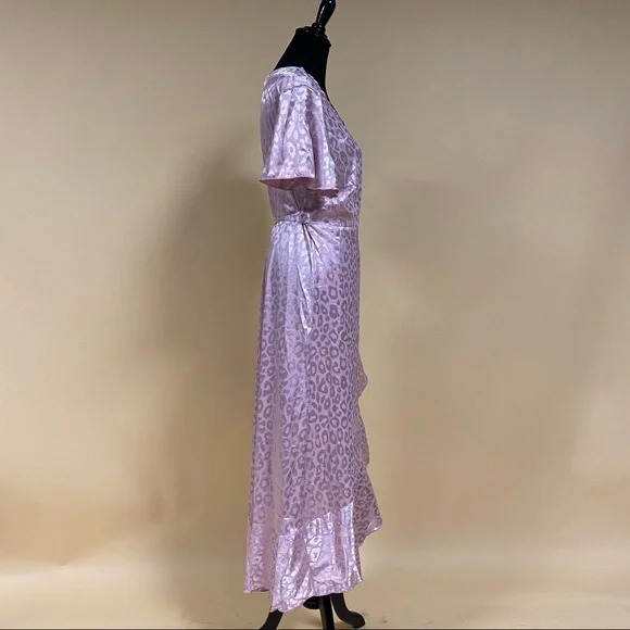 Simplee Dusty Pink Leopard Asymmetrical Ruffle Hem Wrap Belted Satin Dress Sz L - Picture 10 of 14